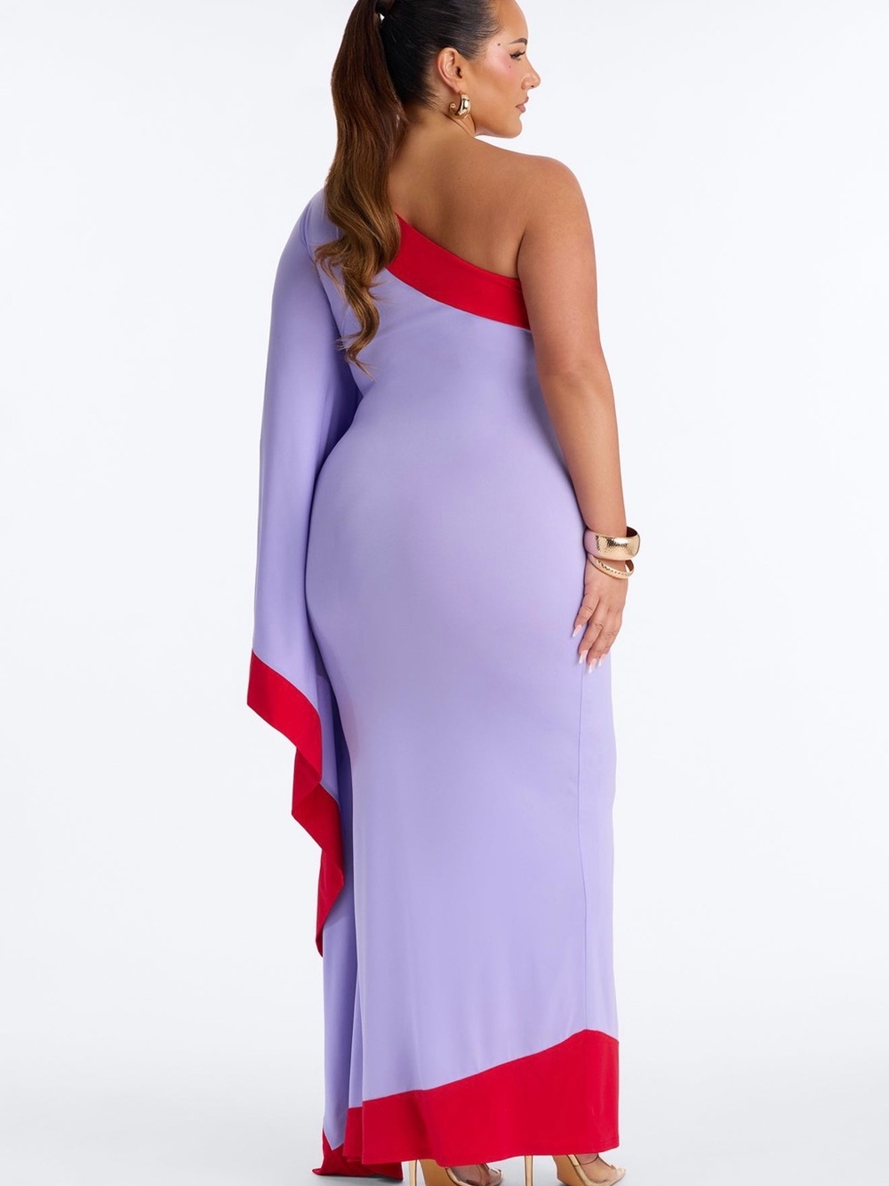 Fashion Nova Lavender One-Shoulder Maxi Dress with Red Accents - Picture 3 of 6